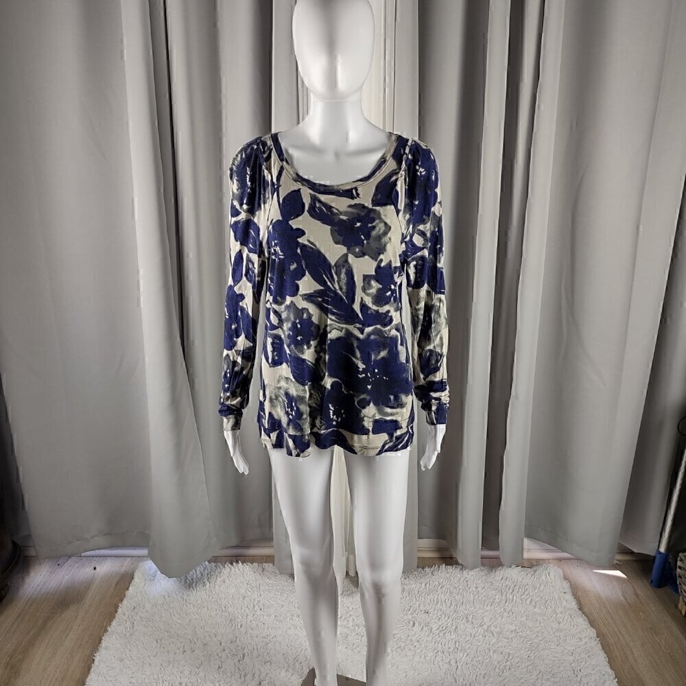 Simply Vera Womens Ivory Blue Floral Long Sleeve Casual Knit Top Size Large